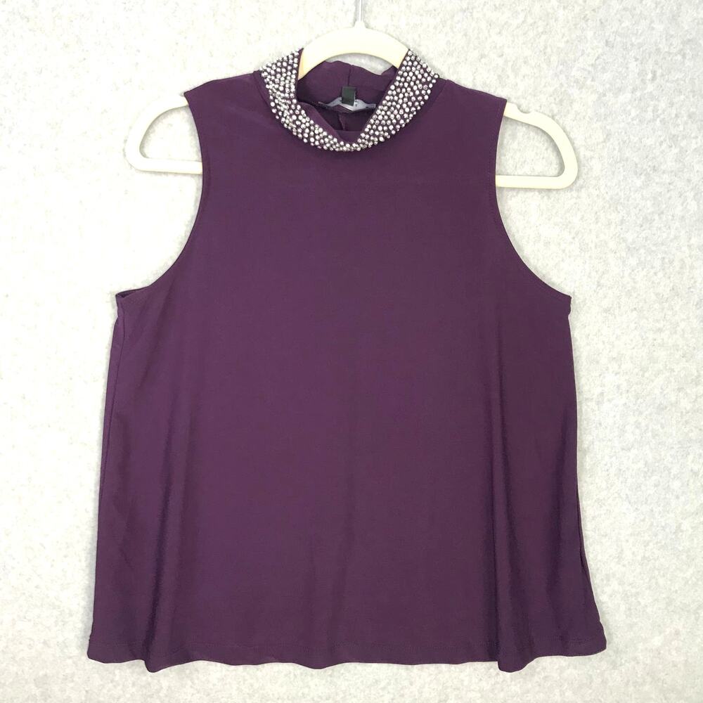 NEW Embellished High Neck Blouse Medium Purple Beaded Jeweled Slinky Liquid Knit